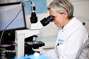 Kvindelig laboratorietekniker, der ser på sædceller gennem et mikroskop – Foto fra Cryos’ pressemateriale