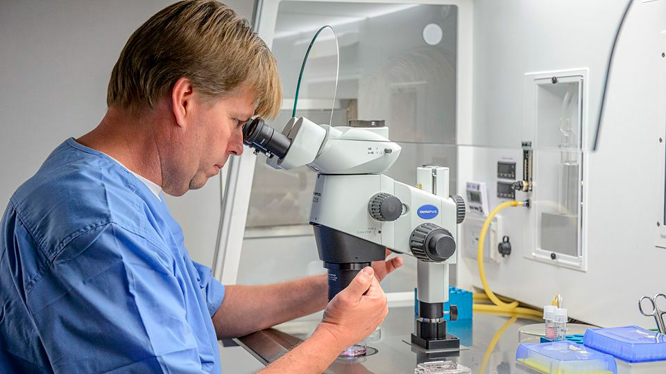 Cryos scientist looking at sperm in a microscope