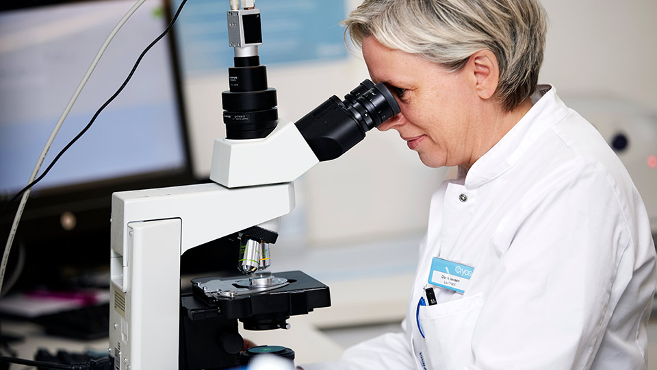 A Cryos employee looking at sperm cells in a microscope