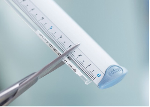 治療の準備の段階で精子ストローを切る箇所を測定する
