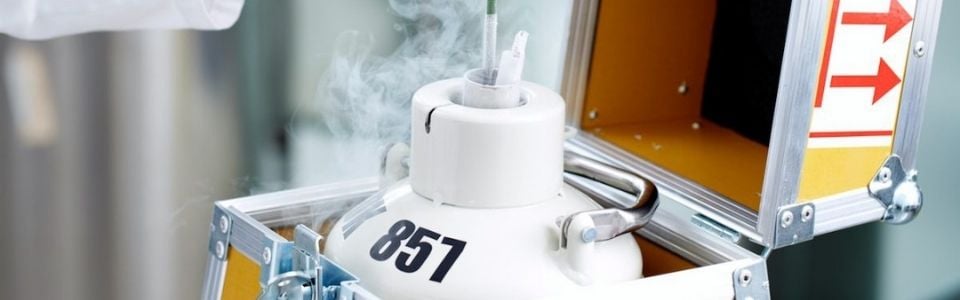 A Cryos tank after delivery of donor sperm