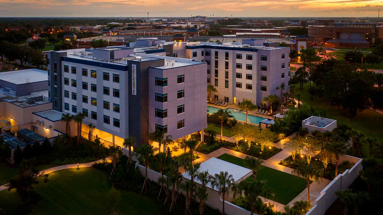 Celeste Hotel Orlando exterior by night
